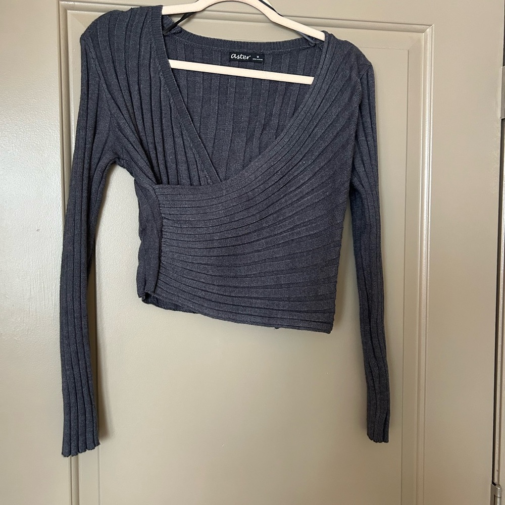 Gray Ribbed Wrap Sweater